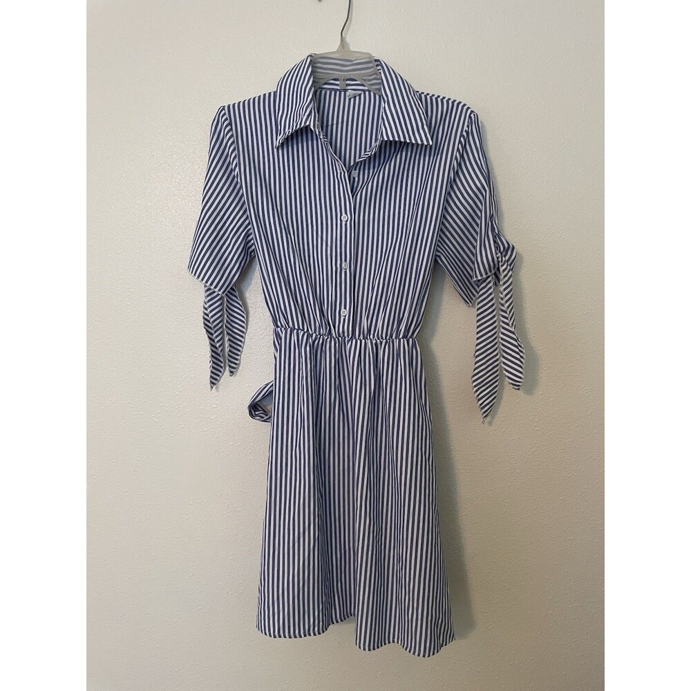 Mini Shirt Dress S Preppy Beach Fringe Blue White Pin Stripe Pockets Coastal